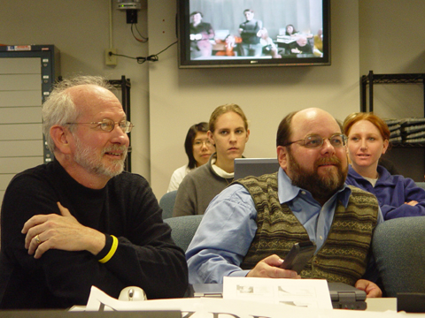 Global classroom coordinators (front, from left) Bruce Sandhorst and Chuck Braithwaite, talk to the Communications 211 classroom at Voronezh State...