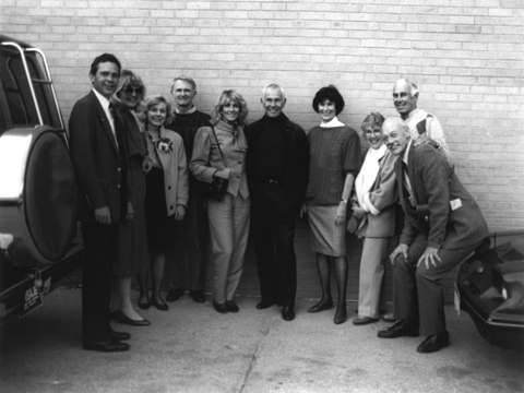 In this undated photo taken outside the Johnny Carson Theater at the Lied Center, Carson (center) stands with a number...