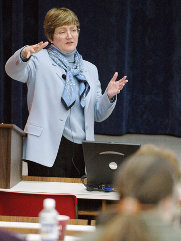 Ann Austin spoke to a number of faculty groups during her visit. Photo by Brett Hampton.